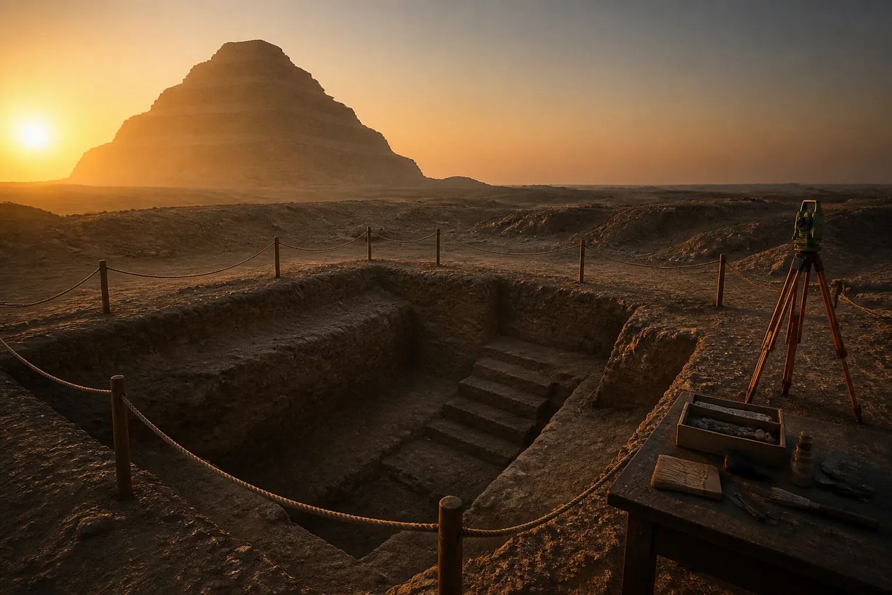 An archaeological excavation site at Saqqara at dawn with the Step Pyramid behind