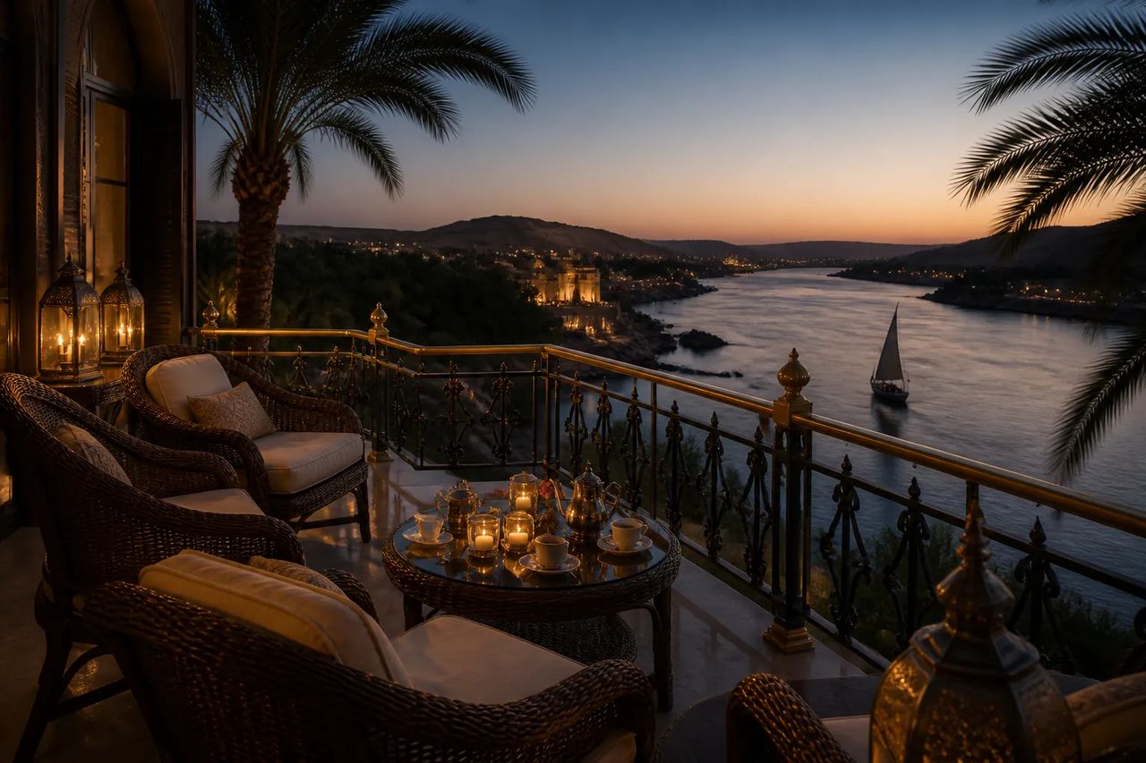 Heritage hotel terrace overlooking the Nile at dusk, brass railings and rattan chairs