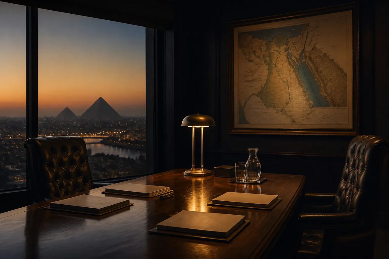A Cairo meeting room at dusk with itinerary documents on a polished wood conference table