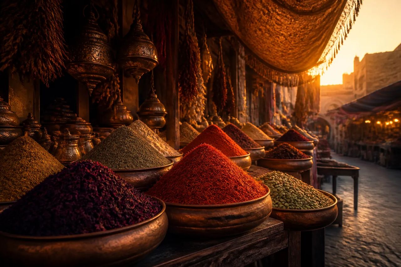 A Khan el-Khalili spice merchant's stall at golden hour