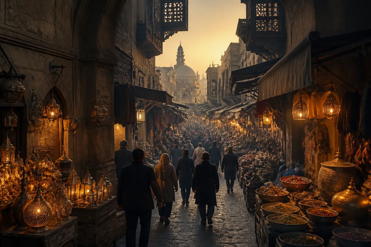 A composed Khan el-Khalili market street scene with brass lanterns and spices