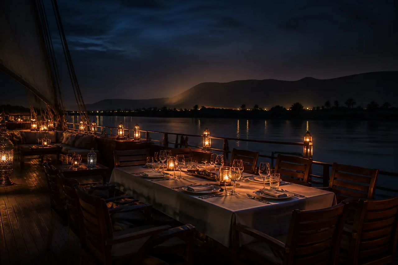 A Dahabiya deck set for an intimate dinner at night, brass lanterns and west bank silhouettes