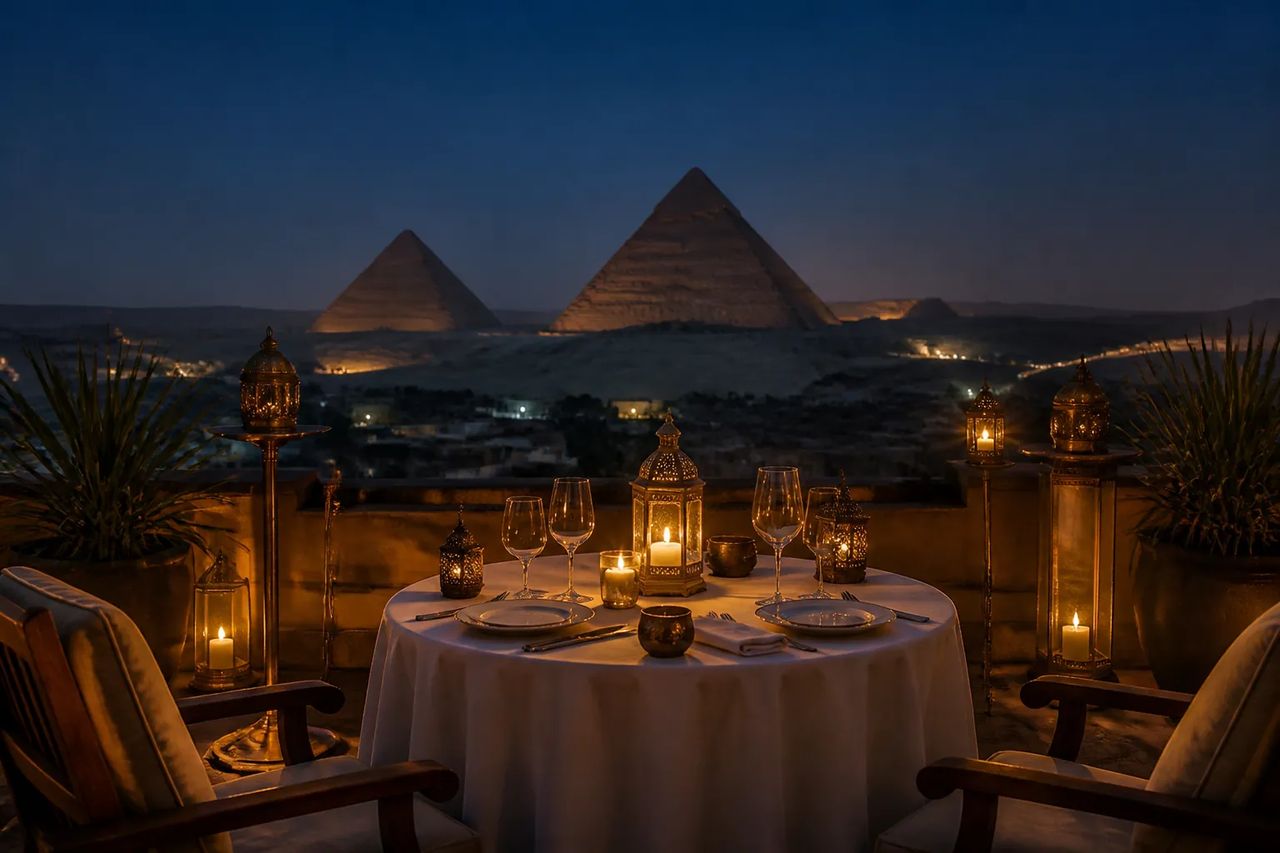Private rooftop dining for two overlooking the Pyramids of Giza at blue hour