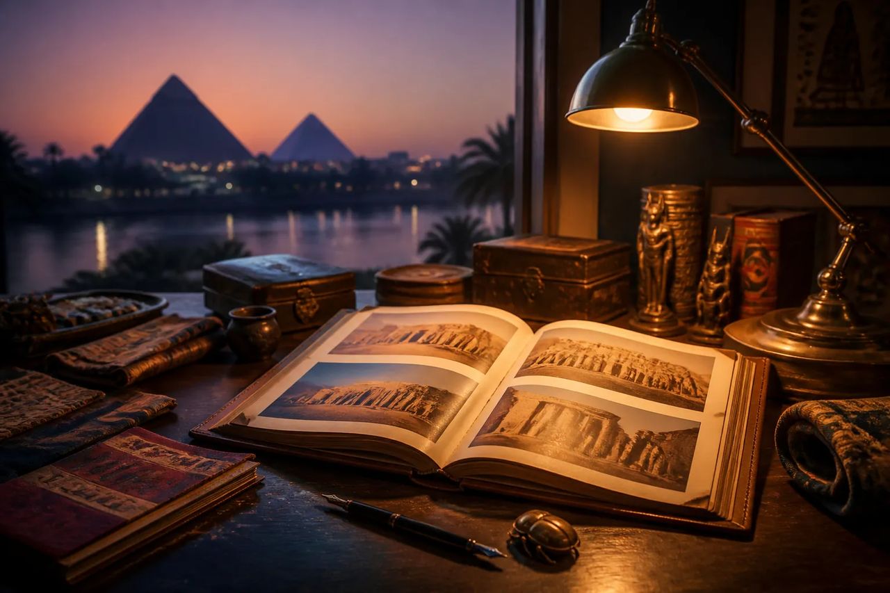 A travel agent's desk with a leather-bound Egypt brochure and brass lamp