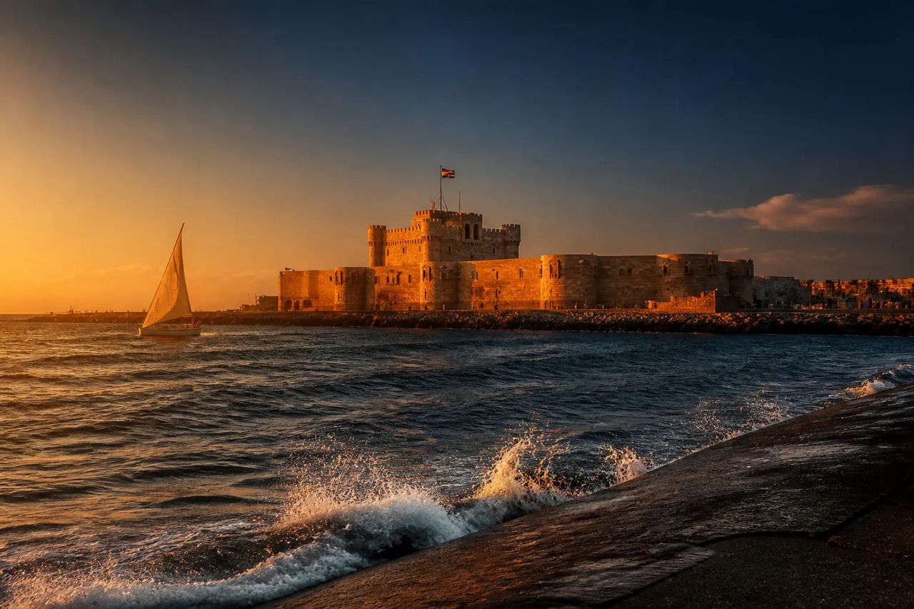 Qaitbay Citadel in Alexandria at sunset viewed from the harbour