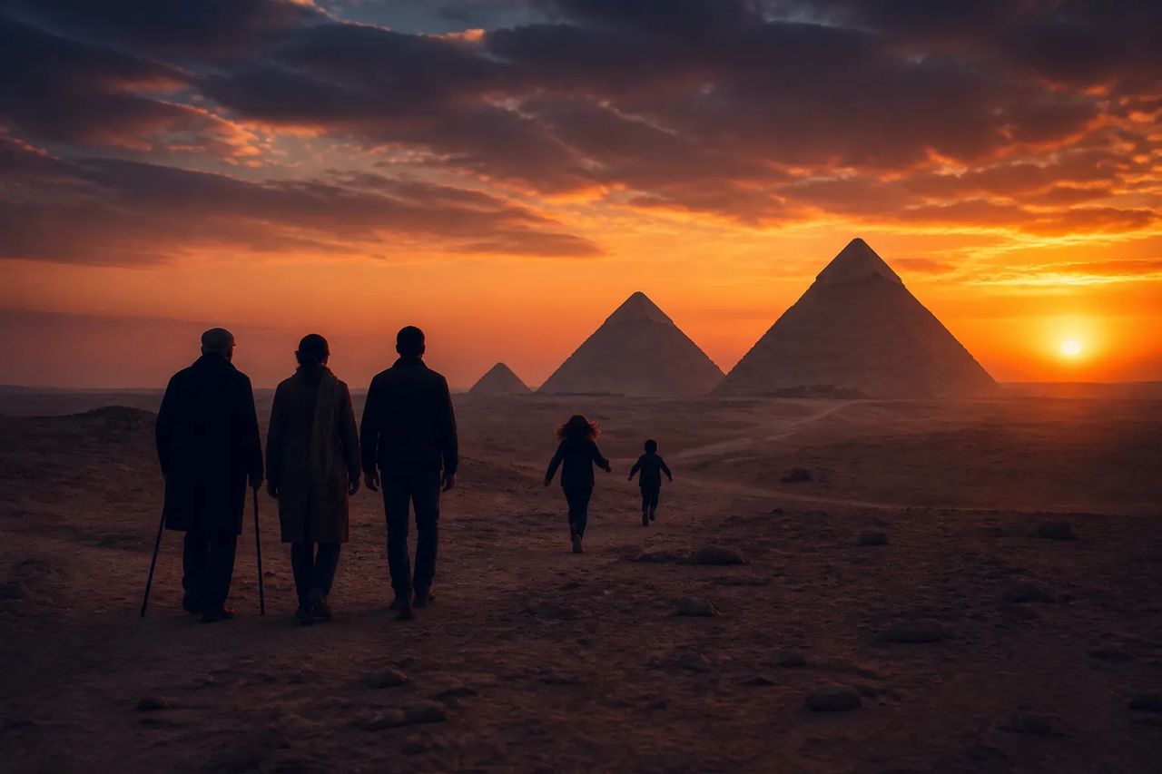 Three generations of silhouetted figures walking together at the Pyramids of Giza at sunset