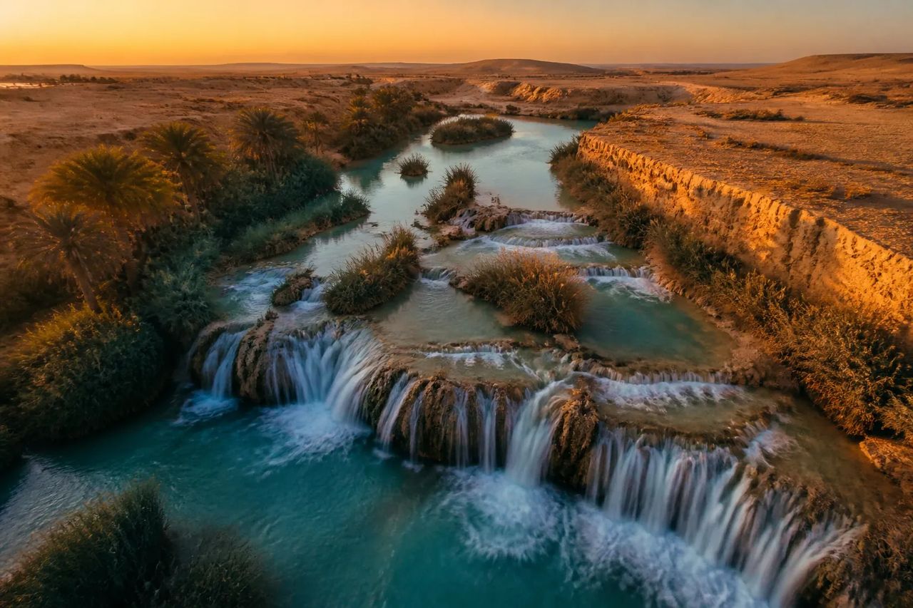 Wadi El Rayan waterfalls at golden hour, turquoise water and palm-fringed banks