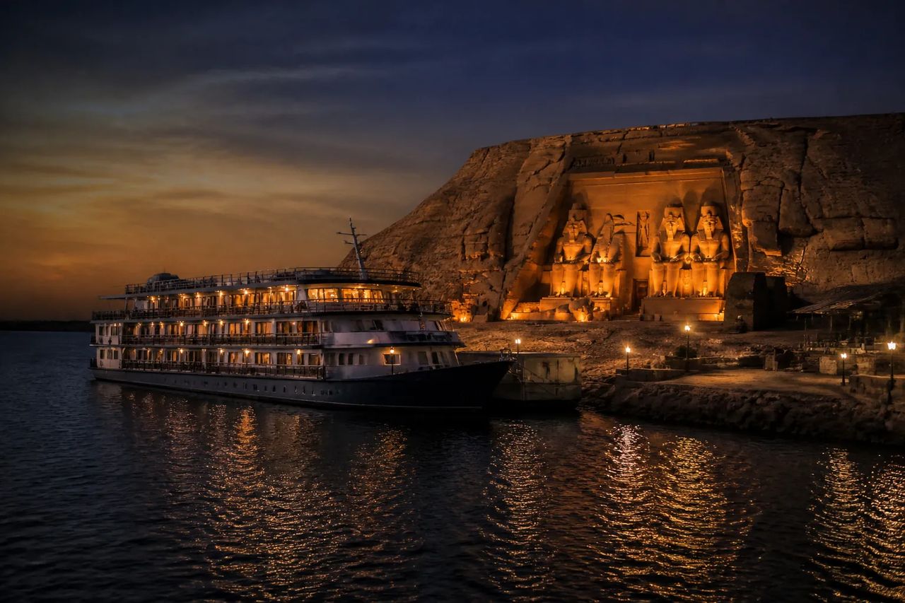 A Lake Nasser cruise ship moored at dusk near the Abu Simbel temples