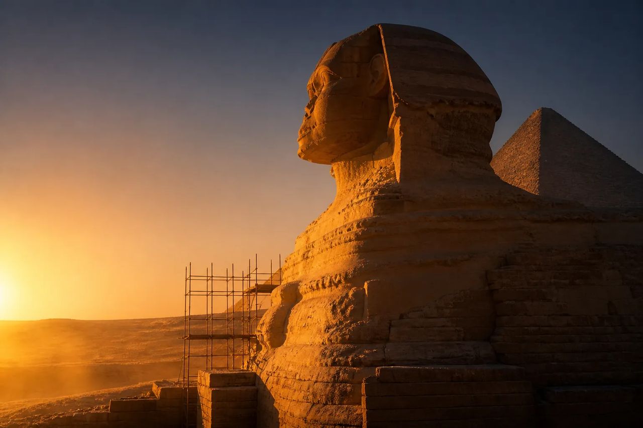 The Sphinx of Giza at dawn with conservation scaffolding partly visible