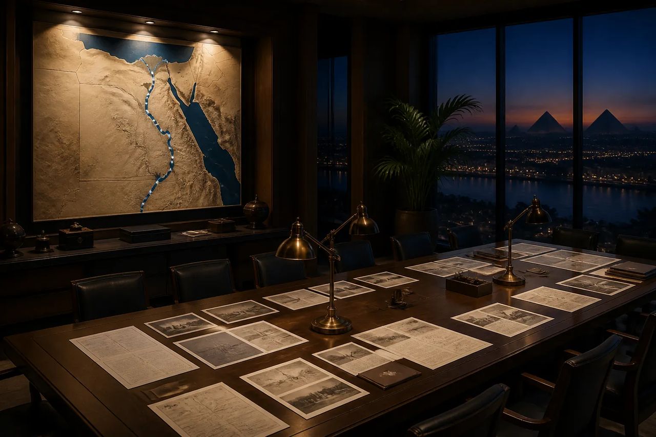 A modern DMC operations room at dusk with itineraries and a wall route map of Egypt