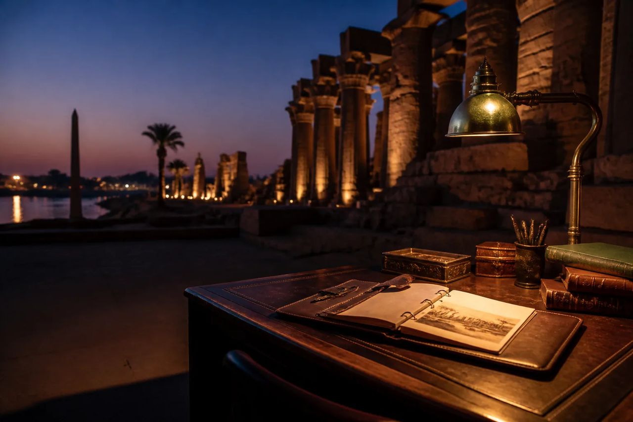 A desk with a ledger and brass lamp beside floodlit temple columns at night