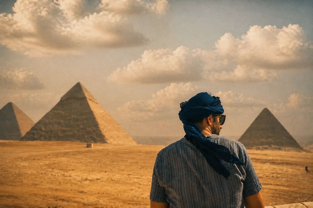 The Giza pyramids rising beyond the city edge