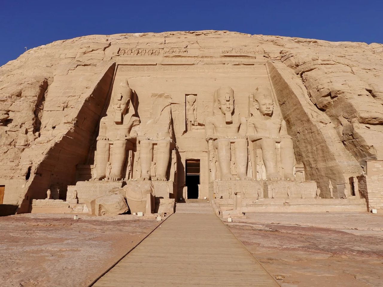 Rock-cut facade of the Great Temple at Abu Simbel with its four seated colossi