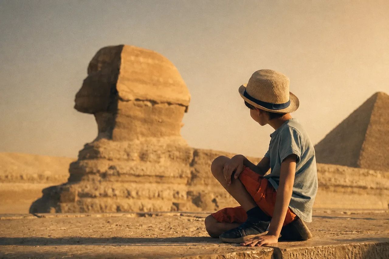 Child visitor near the Great Sphinx at Giza, Egypt