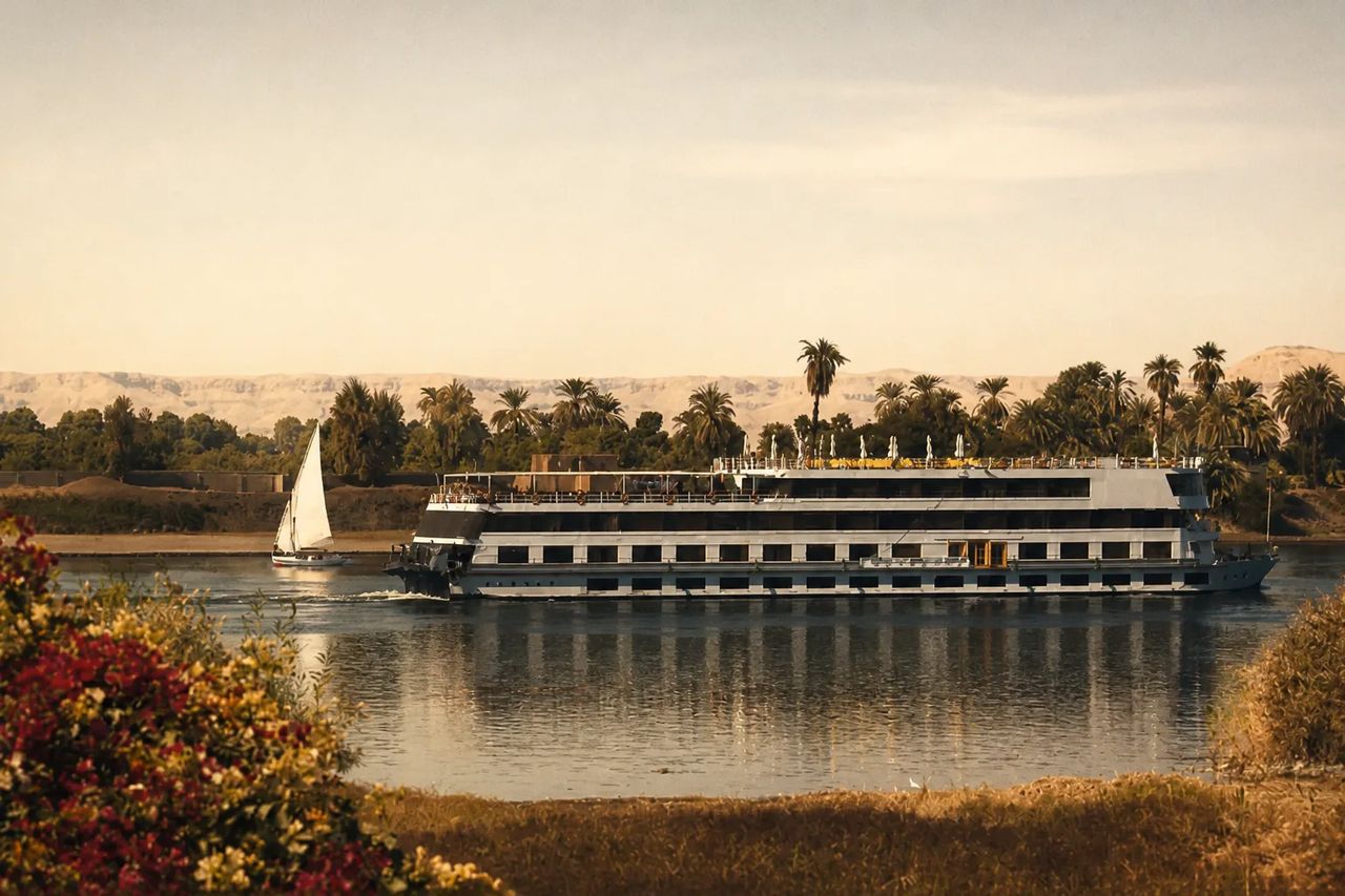 A Nile cruise vessel moored on the river at golden hour