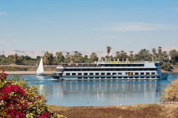 Nile river cruiser with a felucca and flowering bushes on the bank