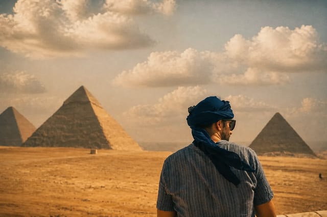 Panoramic view of the Great Pyramids of Giza at golden hour