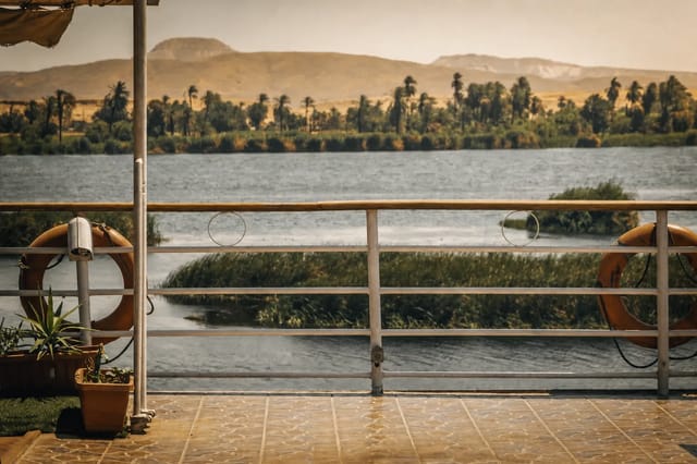 Scenic Nile River view at Aswan with islands and sailboats
