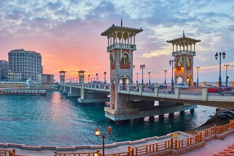 Stanley Bridge towers at sunset in Alexandria
