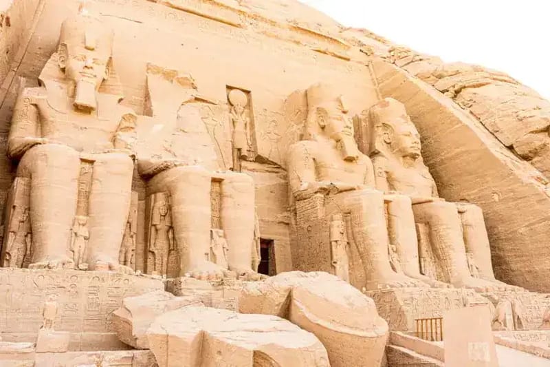 Close view of the seated colossi at the entrance of the Abu Simbel temple