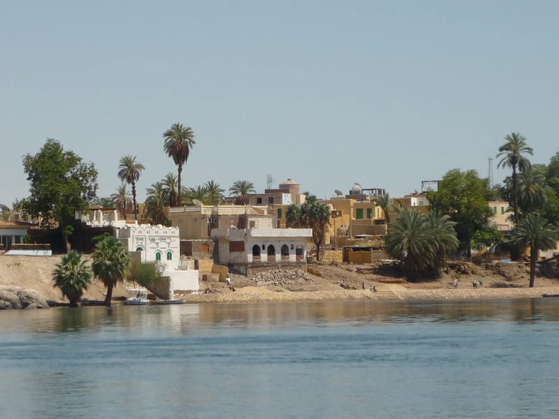 Houses and palm trees on the Nile bank at Elephantine Island, Aswan