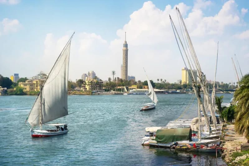 Feluccas on the Nile in Cairo with the Cairo Tower behind